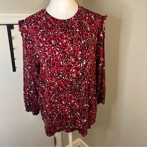 Joules Women's Red Leopard Print Ruffle Long Sleeve Shirt 12
